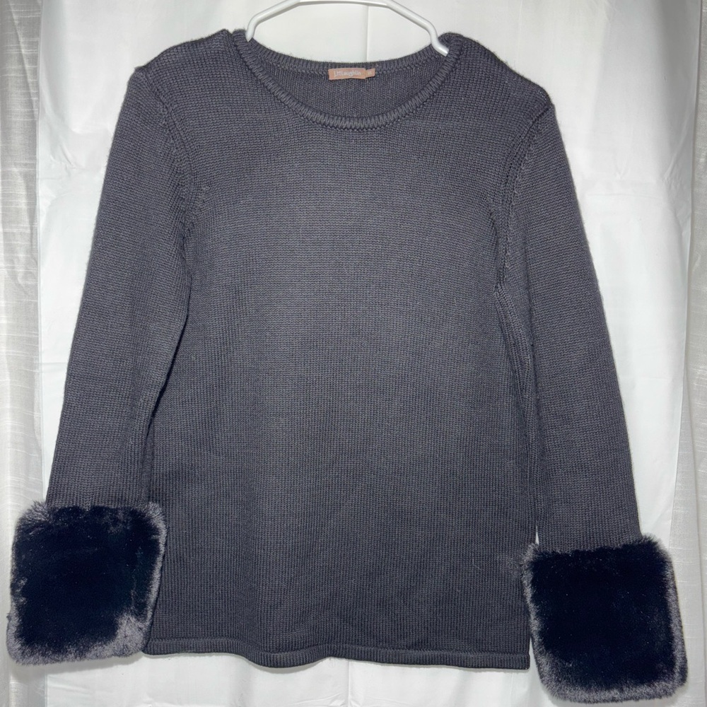 J.McLaughlin Wool Blend Sweater XS Black Faux Fur Cuff Detachable Sleeves